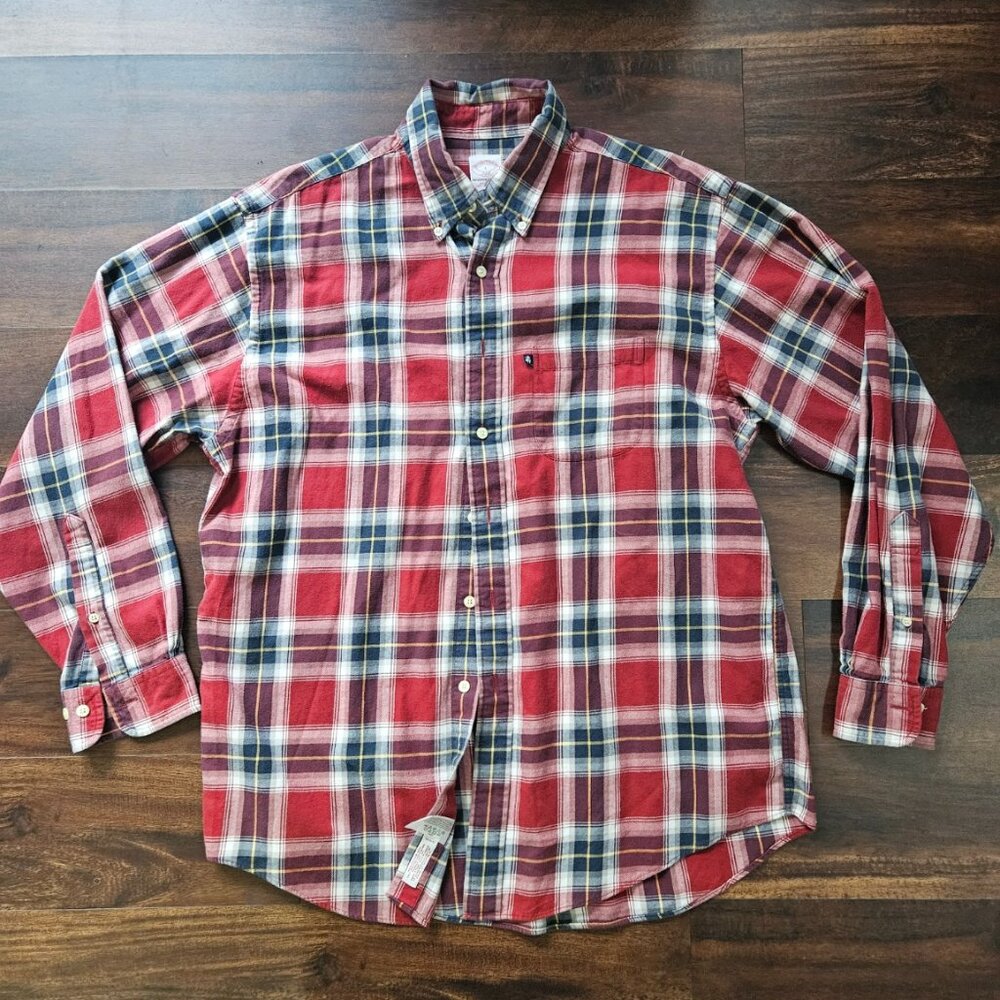 Brooks Brothers 346 Flannel Shirt Mens Large Lightweight Tartan Plaid Logo Red